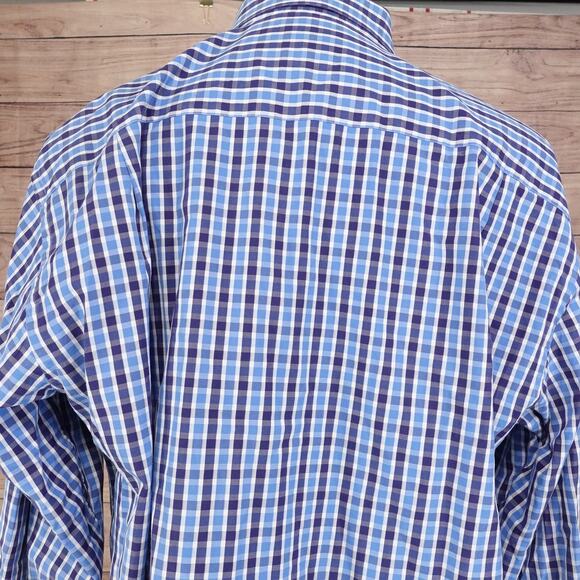 DAVID DONAHUE BLUE CHECK BUTTON UP DRESS SHIRT MENS 17.5 34/35 FRENCH CUFF - Picture 5 of 8